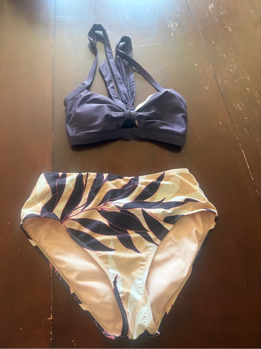 Purple Twist-Front Bikini Top with Palm-Print High Waist Bottoms